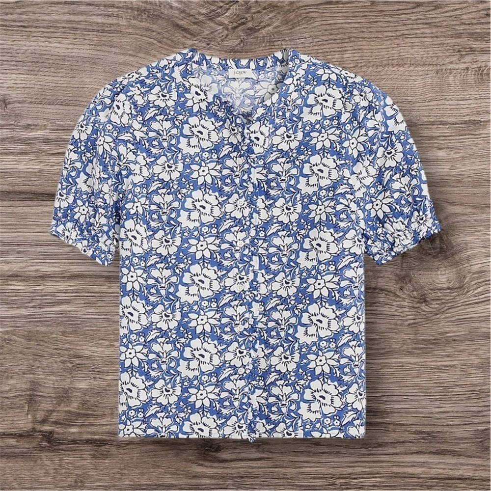 J Crew Linen-cotton blend ruffle top with puff sleeves  White/ Floral Summer XS